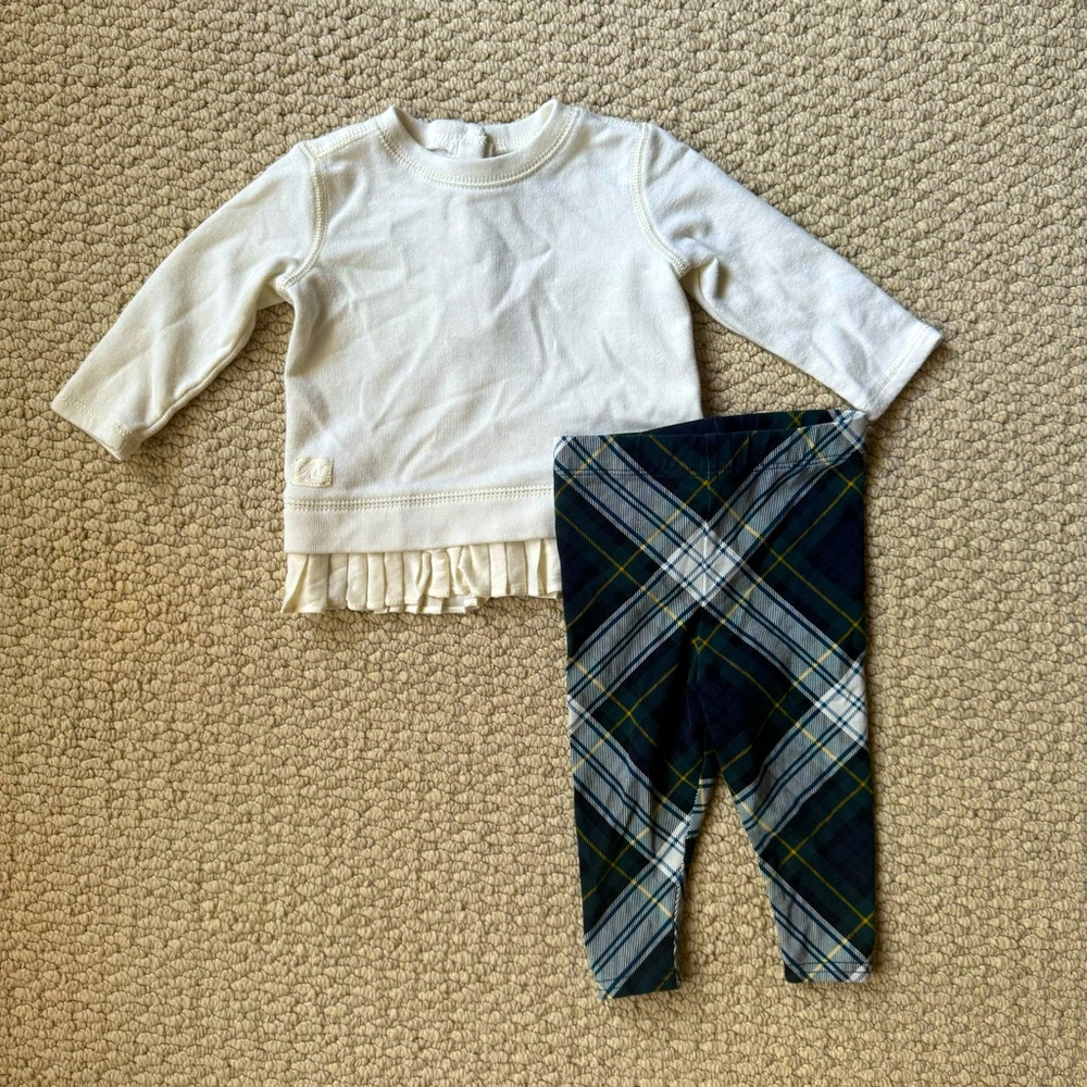 EUC Ralph Lauren Baby Girl Two Piece Set-White Top & Tartan Plaid Pants